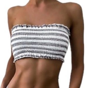 Zaful Smocked Bandeau Bikini Top striped Boho Ruffle / blue / white Size 6/M